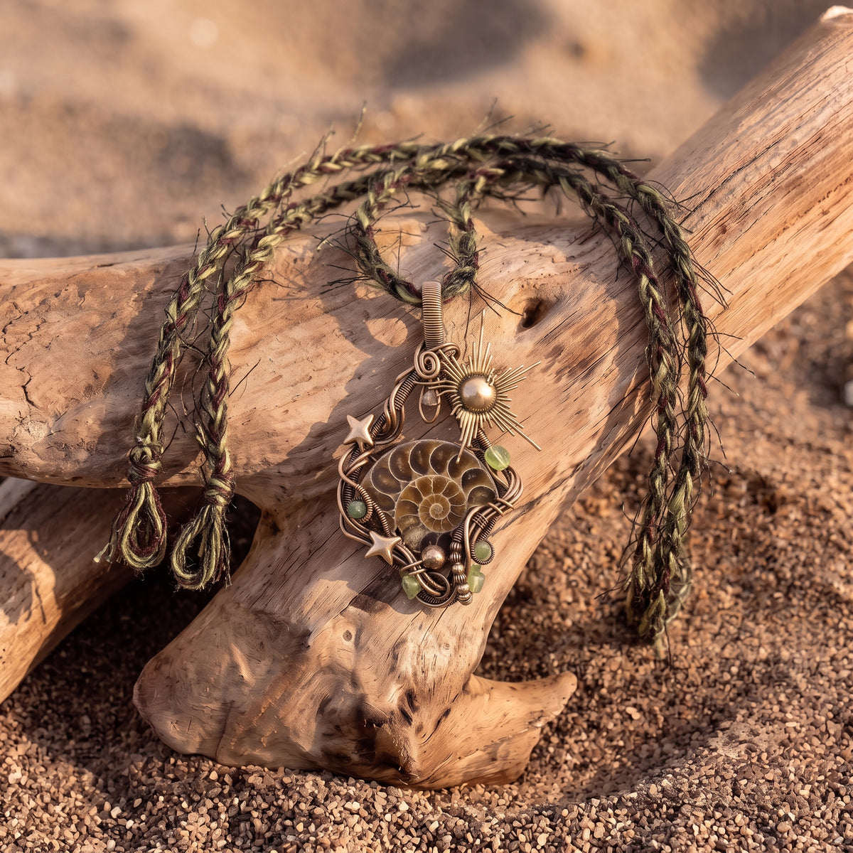 Ammonite Fossil Bronze Pendant | Wire-Wrapped Sunburst & Green Stone Necklace