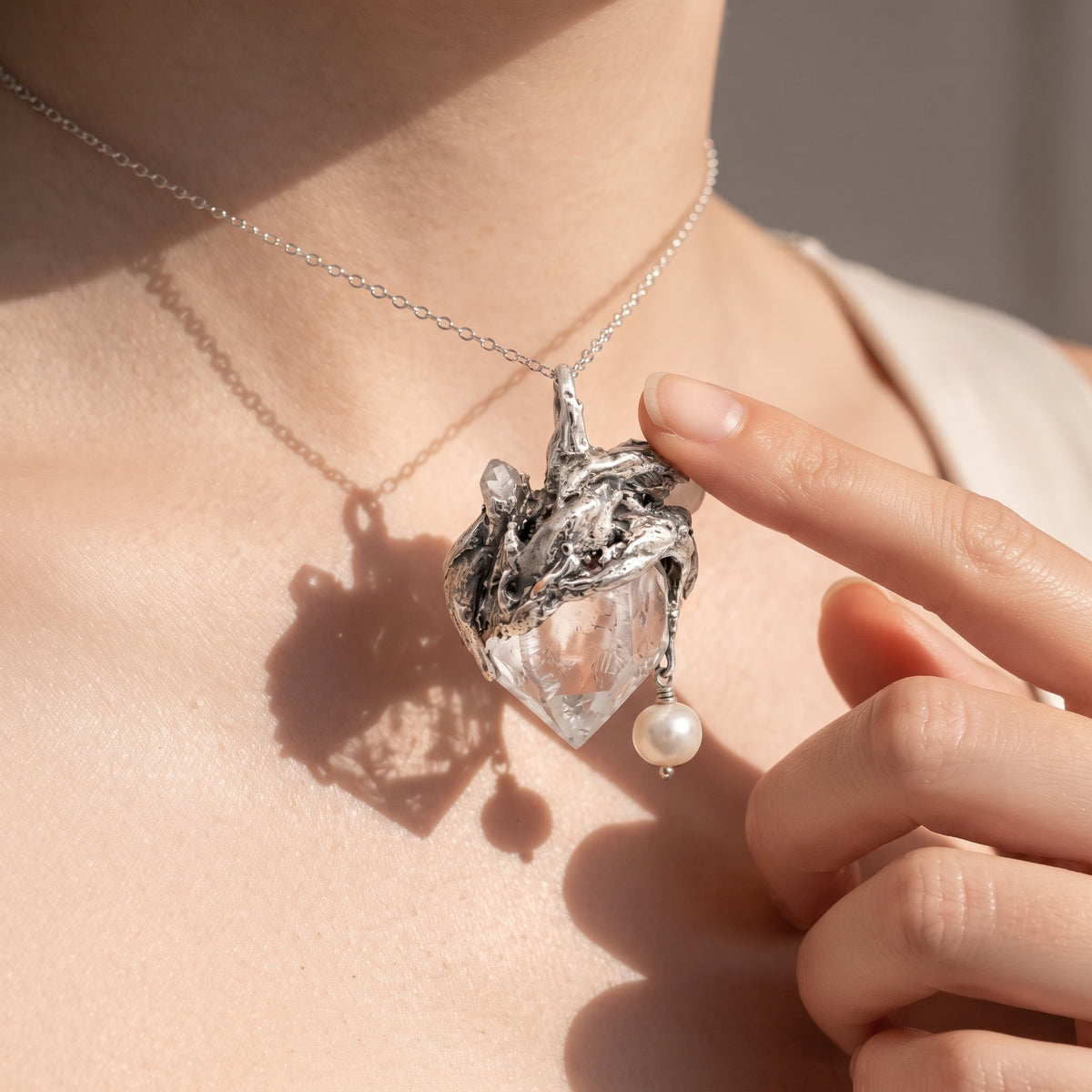 Clear Quartz Cluster Pendant | Antique Silver Copper Pearl & Molten Gothic Necklace