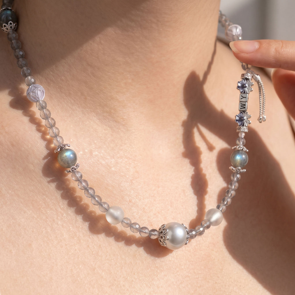 Natural Celestial Grey Labradorite & Clear Quartz Double-Loop Signature Collarchain: Versatile Initial Necklace — Himalayan Ridge
