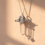 Clear Quartz Crystal Dragon Pendant | Antique Silver Copper Beaded Chain Gothic Necklace