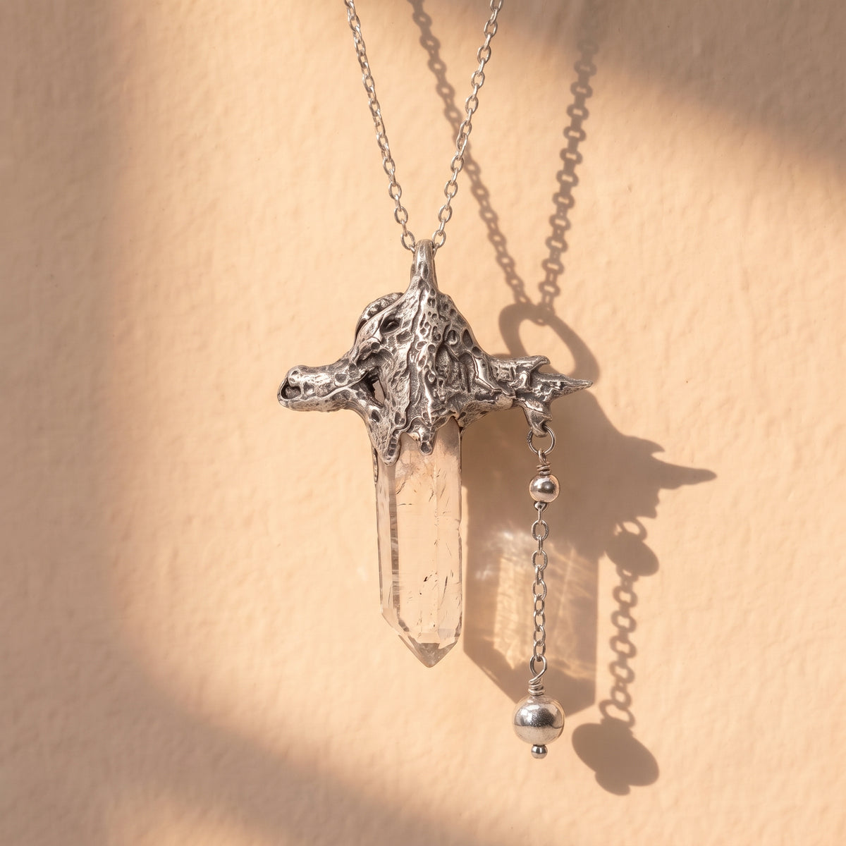Clear Quartz Crystal Dragon Pendant | Antique Silver Copper Beaded Chain Gothic Necklace