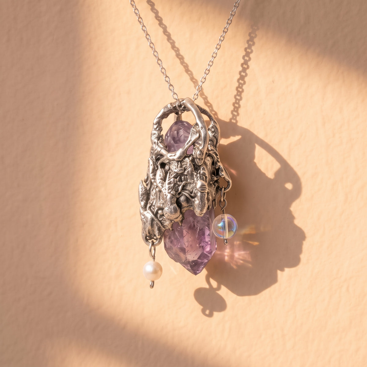 Super Seven Forest Crown Pendant | Antique Silver Copper Pearl & Iridescent Bead Necklace