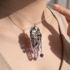 Super Seven Crystal Cluster Pendant | Antique Silver Copper Draped Beaded Necklace