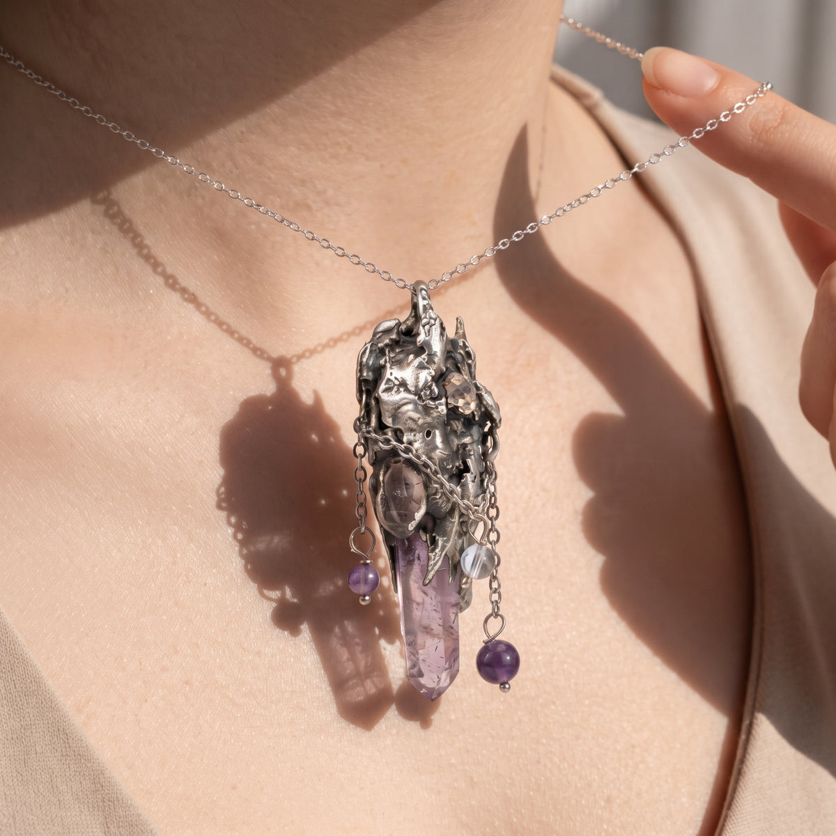 Super Seven Crystal Cluster Pendant | Antique Silver Copper Draped Beaded Necklace