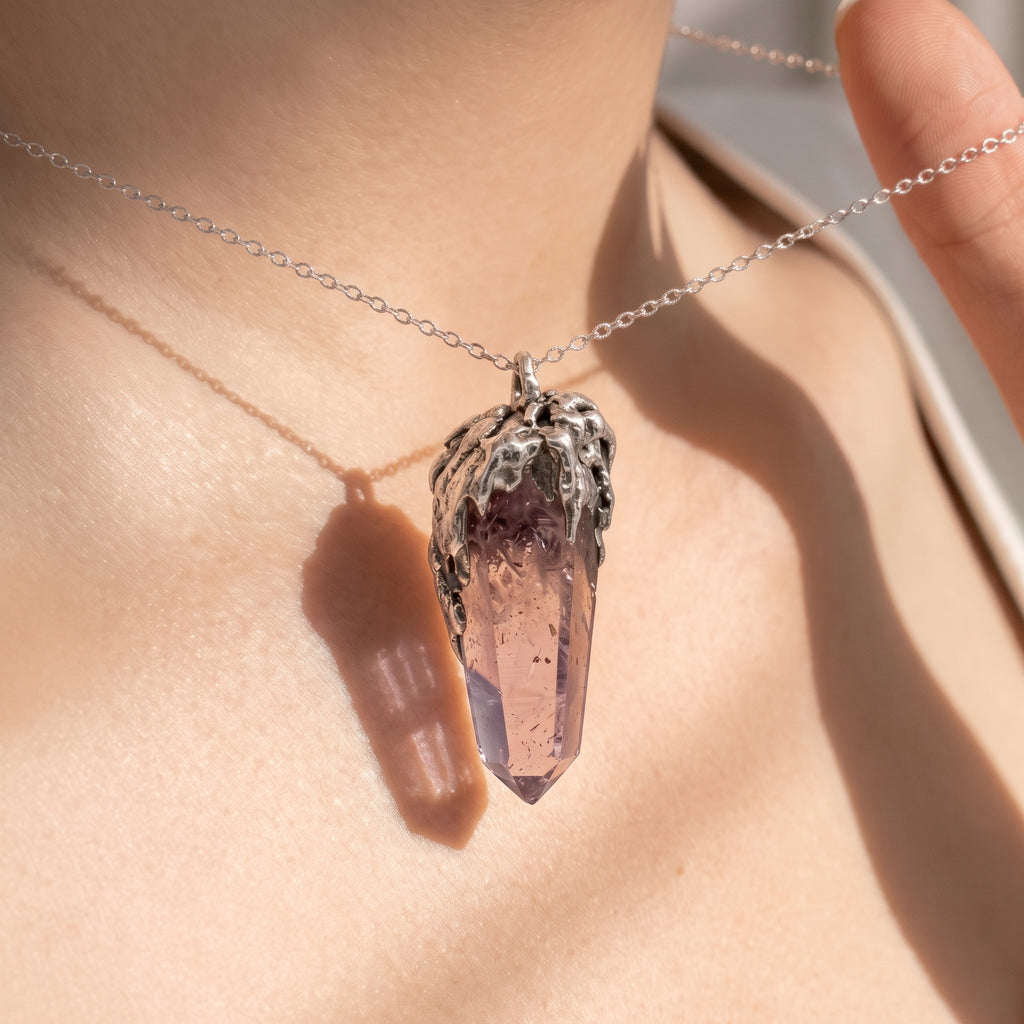 Super Seven Crystal Point Pendant | Antique Silver Copper Lava Necklace