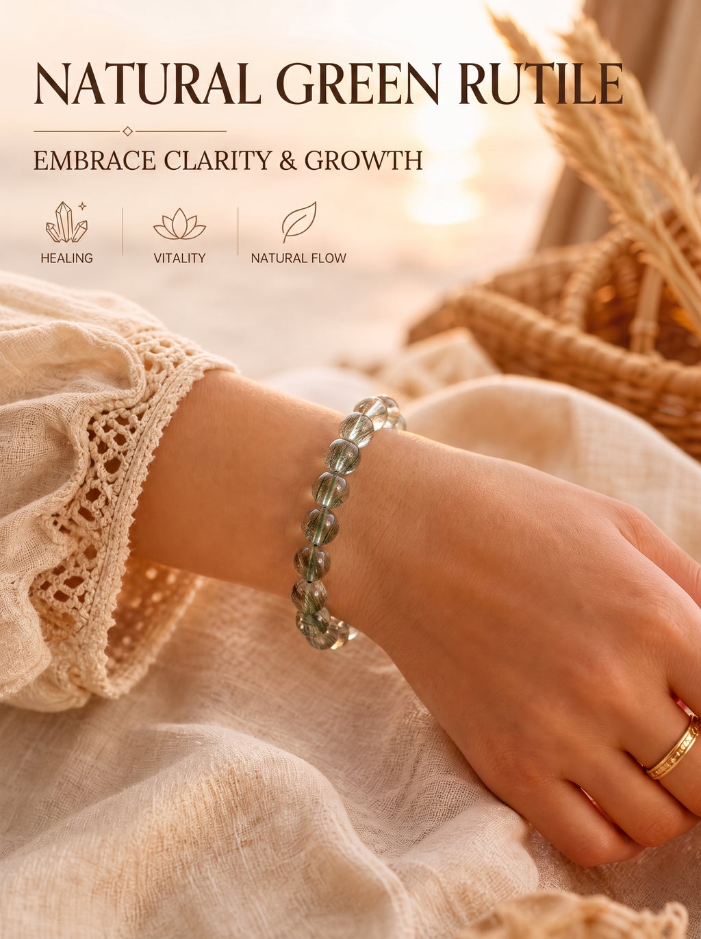 Premium Green Rutilated Quartz Beaded Bracelet | Hand-Polished Natural Gemstone Jewelry for Abundance