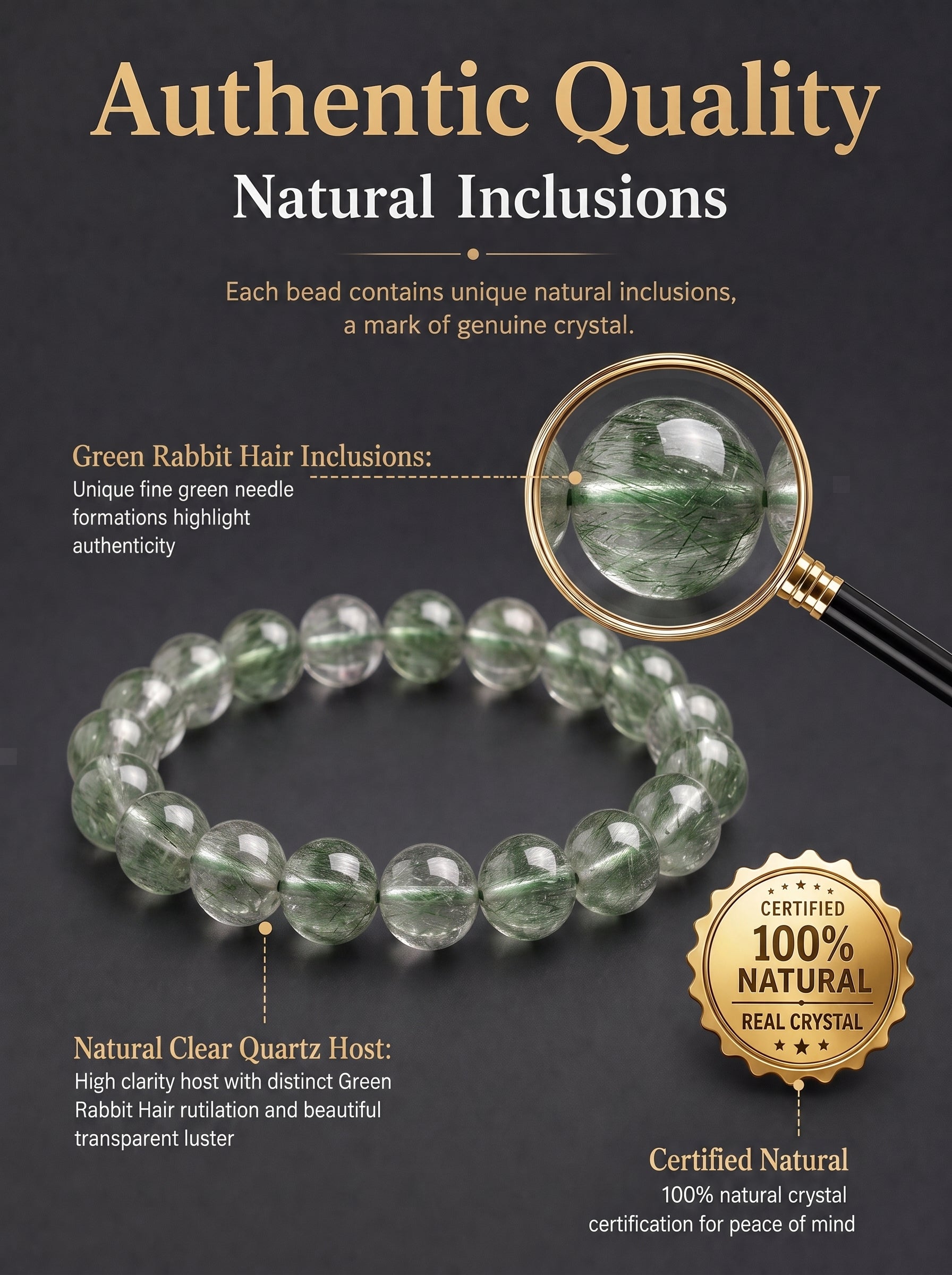 Authentic Green Rabbit Hair Quartz Bracelet | The "Stone of Vitality" | Unique Healing Crystal Jewelry