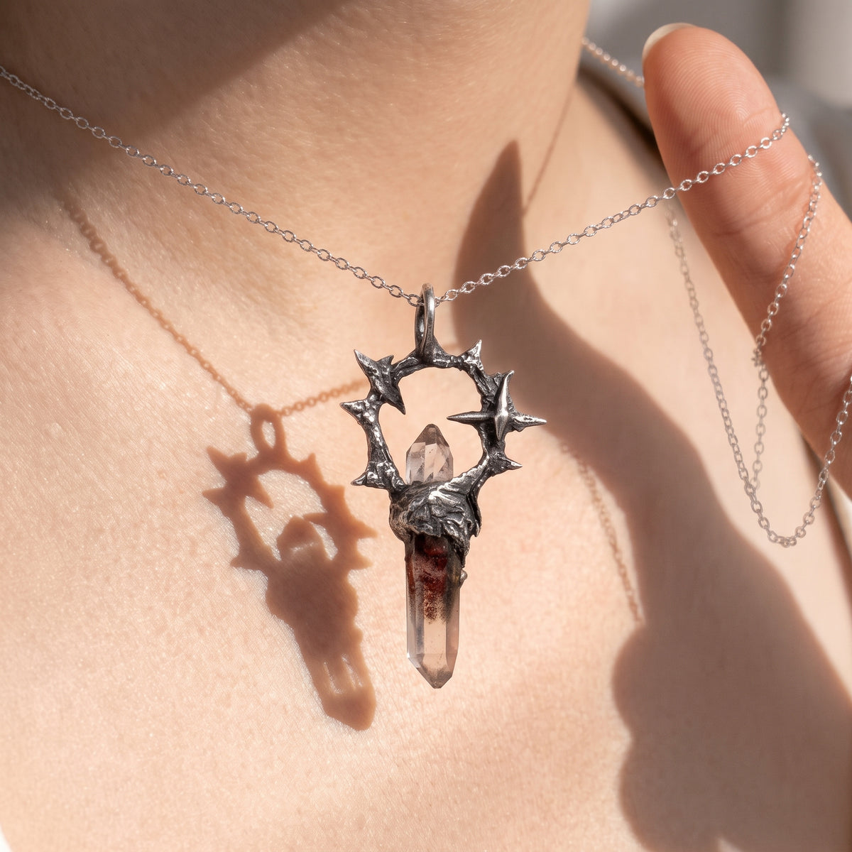Garden Phantom Quartz Ring-Halo Pendant | Antique Silver Copper Thorn & Star Box Chain Necklace