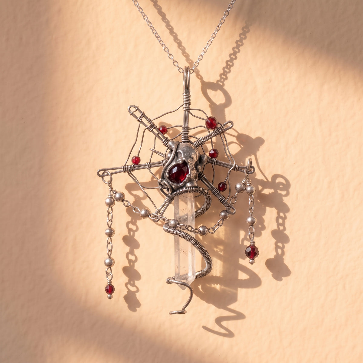 Clear Quartz Crystal Spider Web Pendant | Antique Silver Copper Red Bead Gothic Necklace
