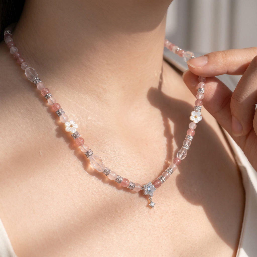 Natural Sparkling Strawberry Quartz & Soft Rose Quartz Double-Loop Harmony Collarchain: Versatile Necklace — Himalayan Ridge