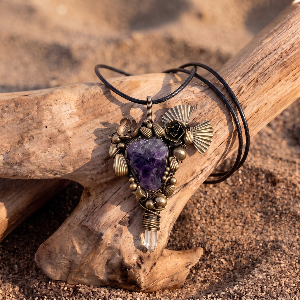 Raw Amethyst Crystal Brass Pendant | Wire-Wrapped Rose & Fan Bronze Necklace