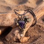 Raw Amethyst Crystal Brass Pendant | Wire-Wrapped Rose & Fan Bronze Necklace