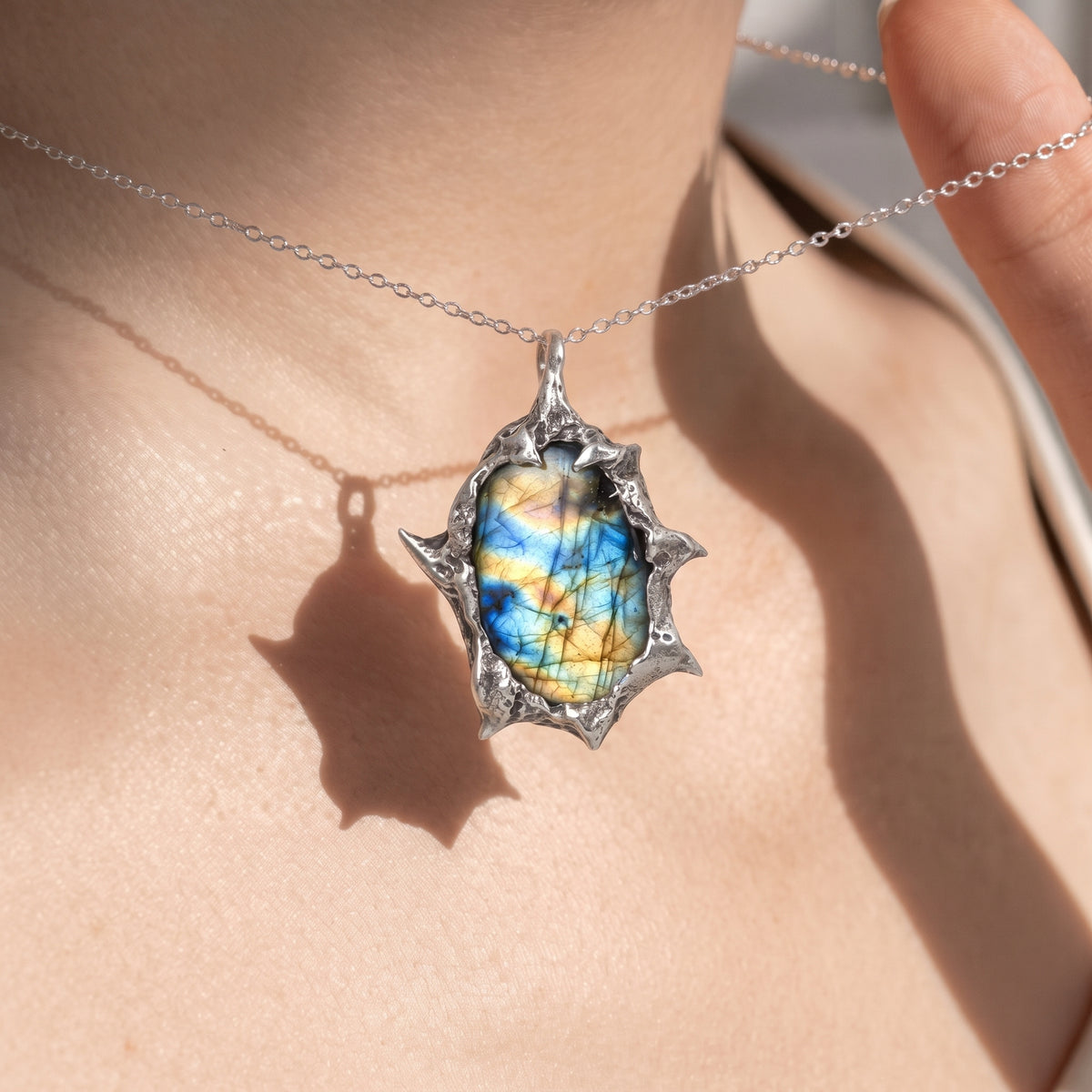 Labradorite Molten Frame Pendant | Antique Silver Copper Gothic Starburst Necklace