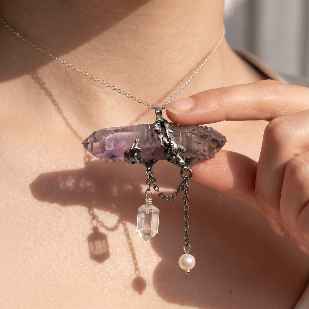 Super Seven Amethyst Wand Pendant | Antique Silver Copper Draped Quartz & Pearl Gothic Necklace