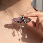 Super Seven Amethyst Wand Pendant | Antique Silver Copper Draped Quartz & Pearl Gothic Necklace