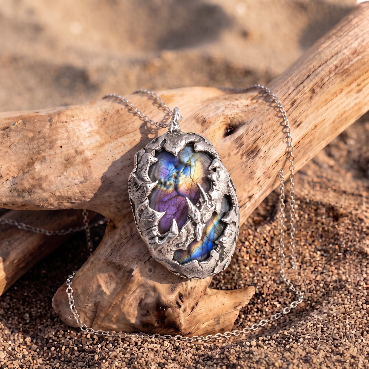 Labradorite Molten Caged Pendant | Antique Silver Copper Gothic Dragon Scale Necklace