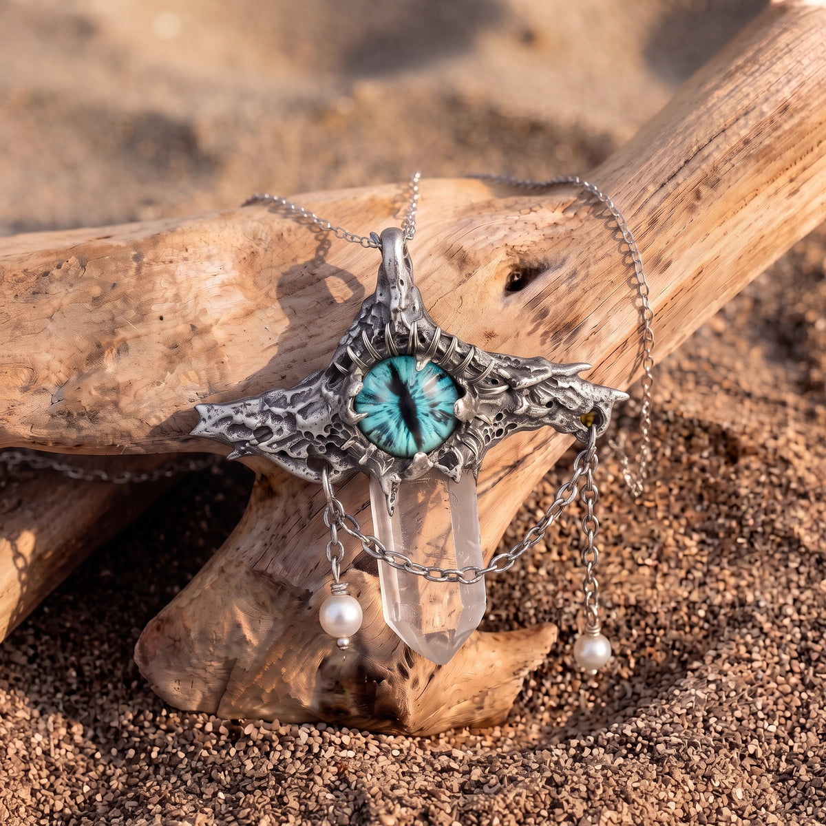 Blue Dragon Eye Crystal Point Pendant | Antique Silver Copper Draped Pearl & Molten Gothic Necklace