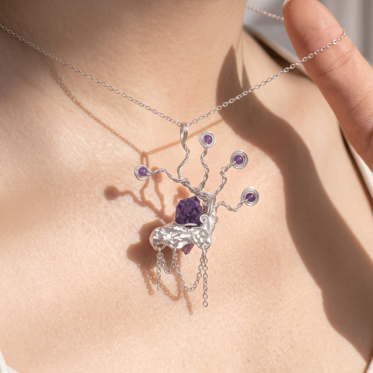 Raw Amethyst Tree Branch Copper Pendant | Silver Copper Wire Wrapped Necklace