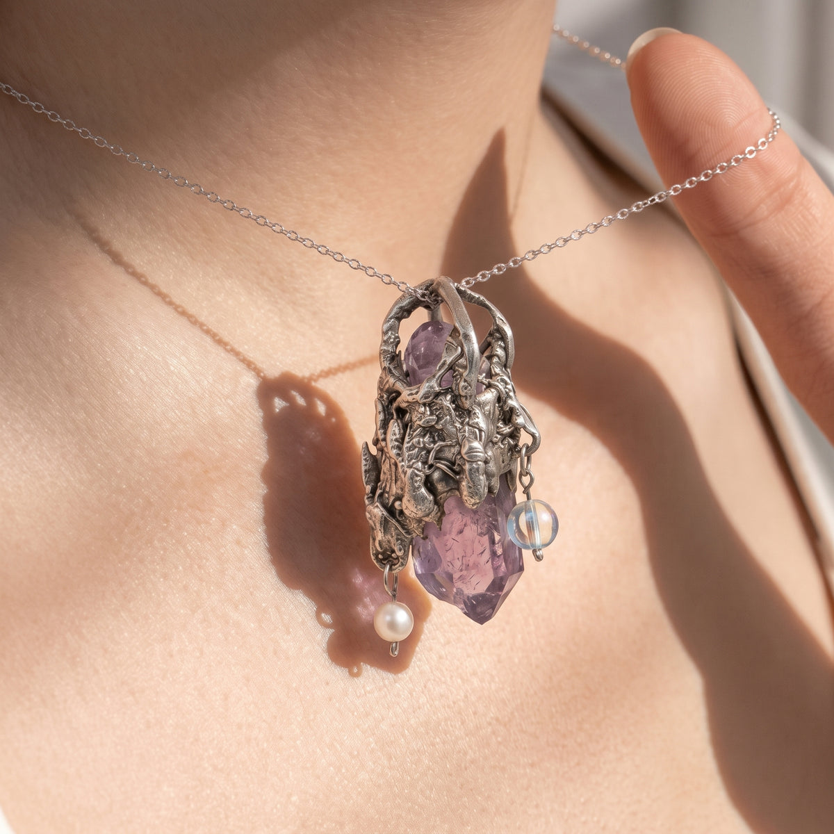 Super Seven Forest Crown Pendant | Antique Silver Copper Pearl & Iridescent Bead Necklace