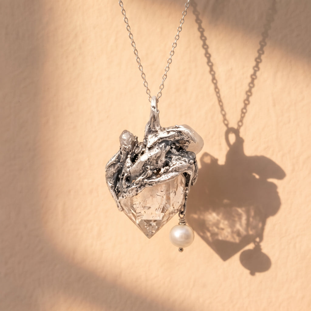 Clear Quartz Cluster Pendant | Antique Silver Copper Pearl & Molten Gothic Necklace