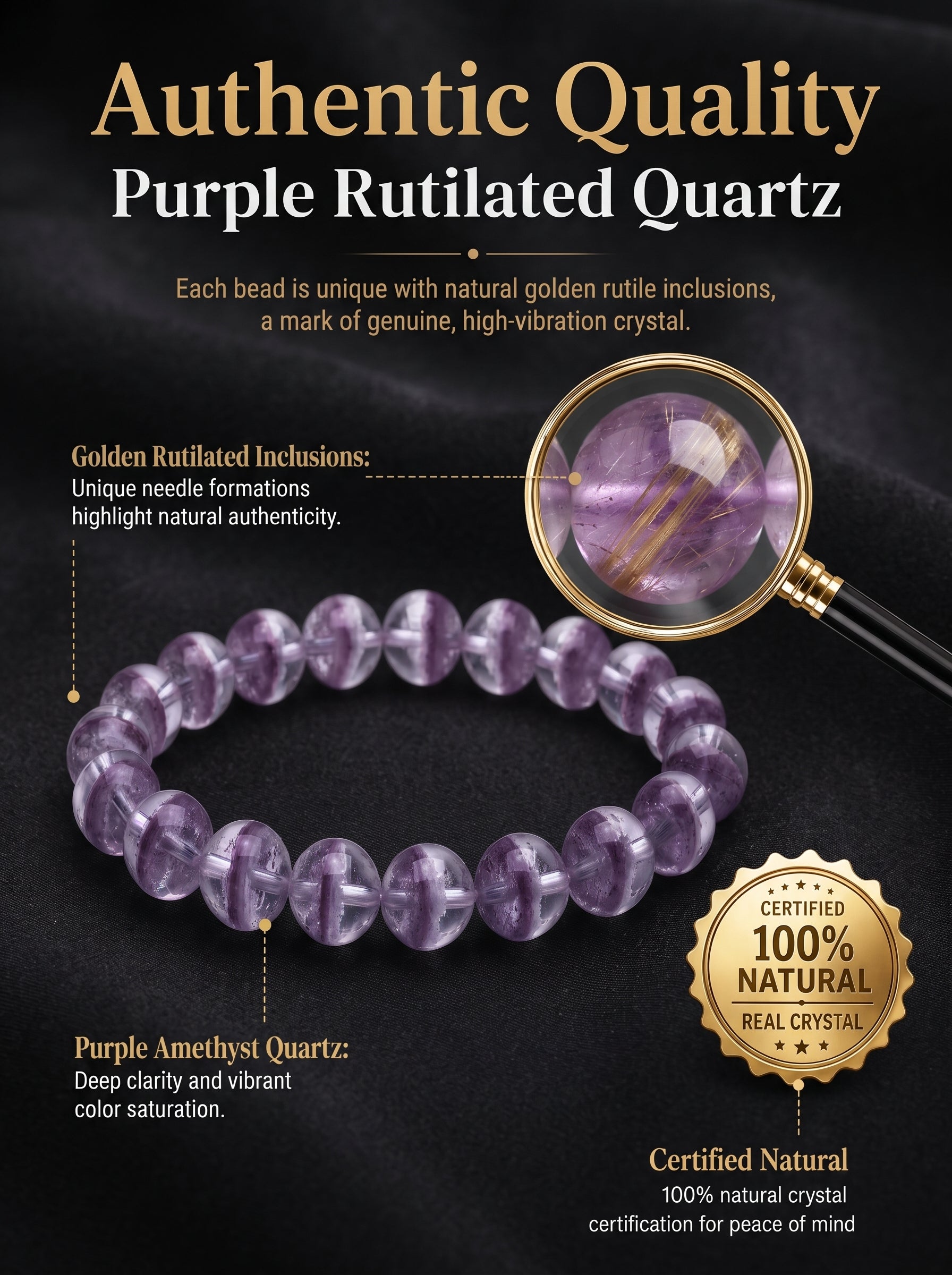 Authentic Purple Rutilated Quartz Bracelet | The "Stone of Prosperity" | Unique Healing Crystal Jewelry