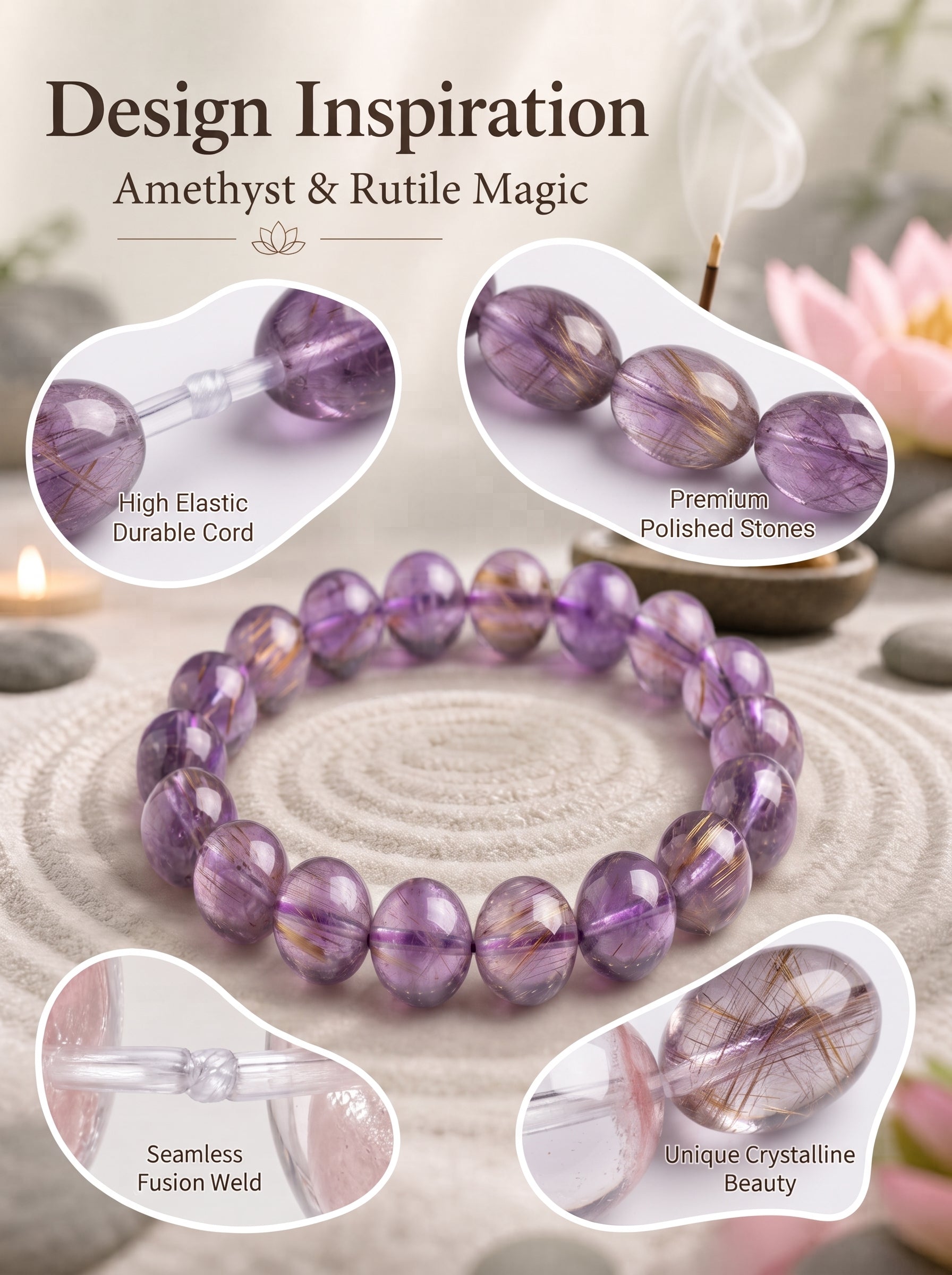 Authentic Purple Rutilated Quartz Bracelet | The "Stone of Prosperity" | Unique Healing Crystal Jewelry
