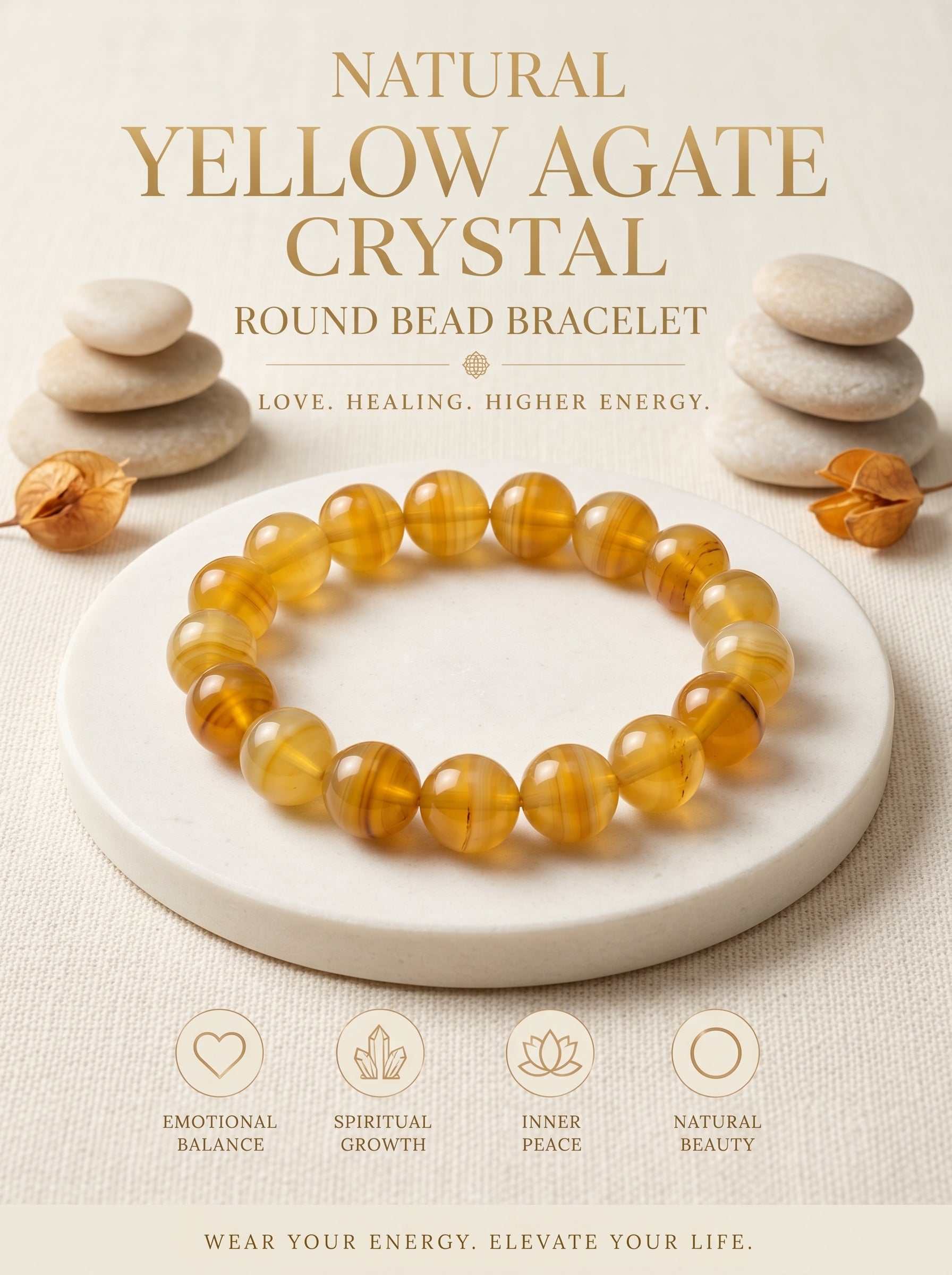 Premium Yellow Agate Beaded Bracelet | Hand-Polished Natural Gemstone Jewelry for Joy & Balance