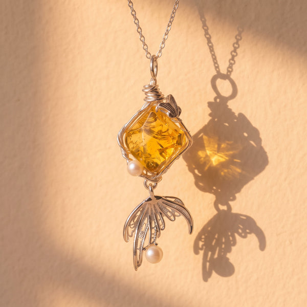 Mermaid Tail & Citrine Pendant | Handcrafted Silver Wire-Wrapped Fantasy Necklace