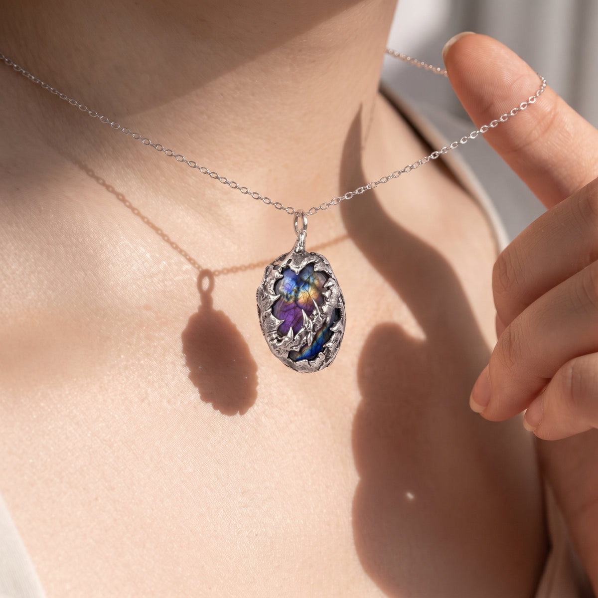Labradorite Molten Caged Pendant | Antique Silver Copper Gothic Dragon Scale Necklace