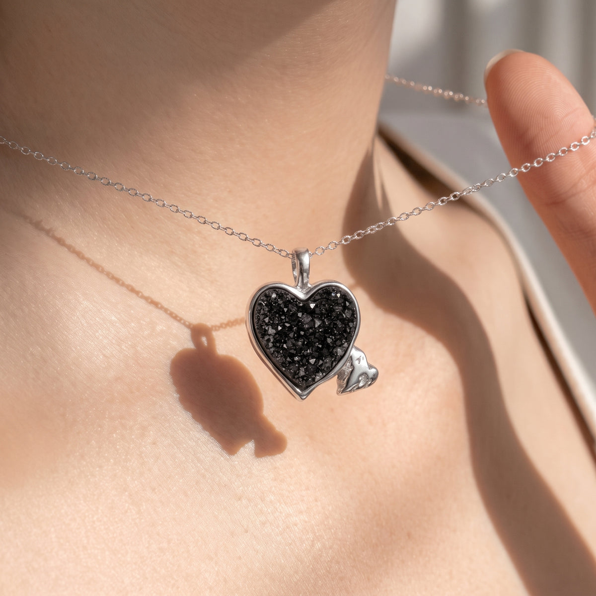 Black Druzy Heart Pendant | Antique Silver Copper Wing & Heart Charm Necklace