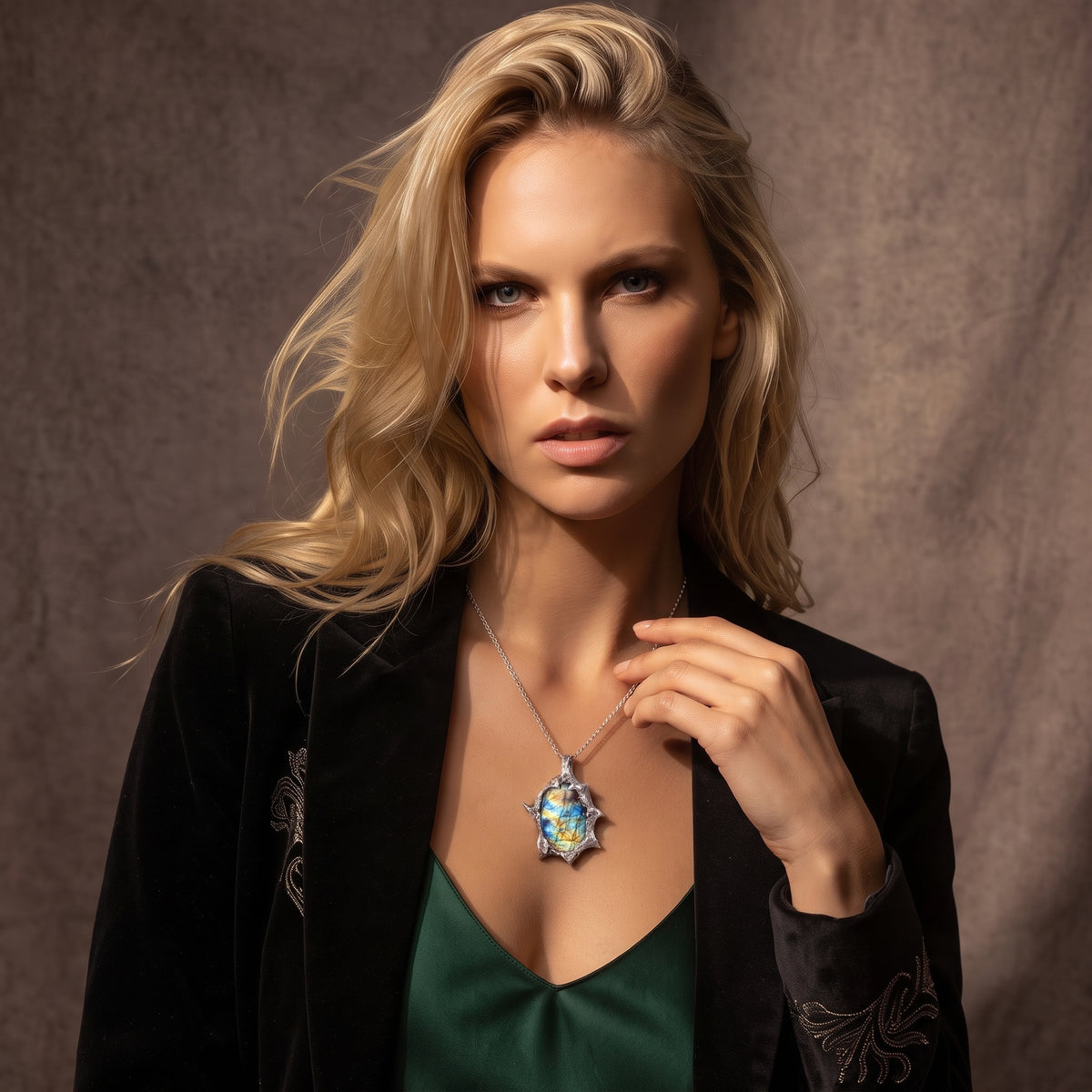Labradorite Molten Frame Pendant | Antique Silver Copper Gothic Starburst Necklace