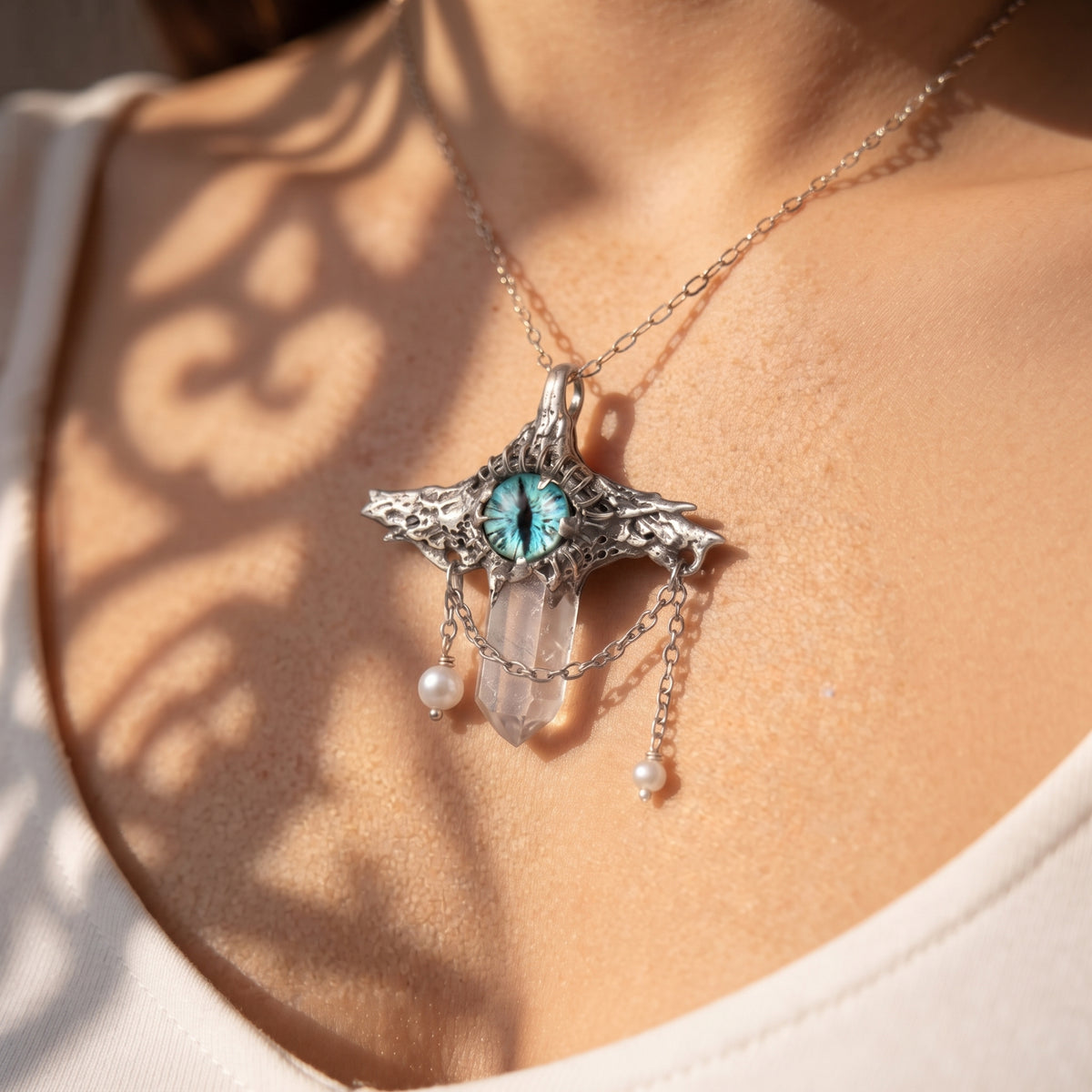 Blue Dragon Eye Crystal Point Pendant | Antique Silver Copper Draped Pearl & Molten Gothic Necklace