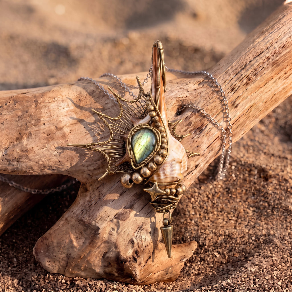 Labradorite Shell Brass Pendant | Wire-Wrapped Sunburst & Star Necklace