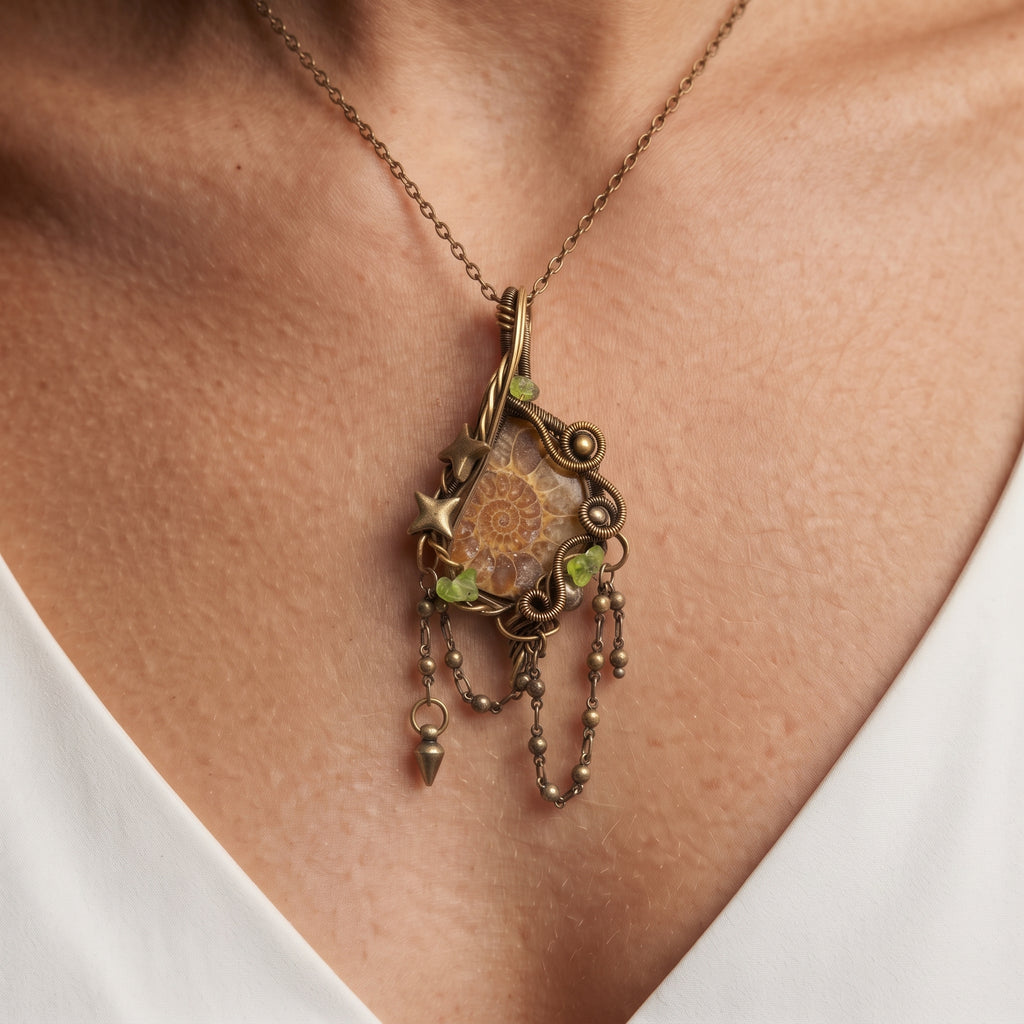 Ammonite Fossil Brass Pendant | Wire-Wrapped Star & Bead Fringe Necklace