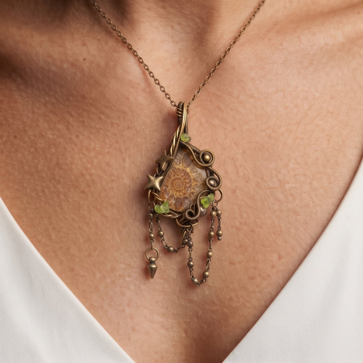 Ammonite Fossil Brass Pendant | Wire-Wrapped Star & Bead Fringe Necklace