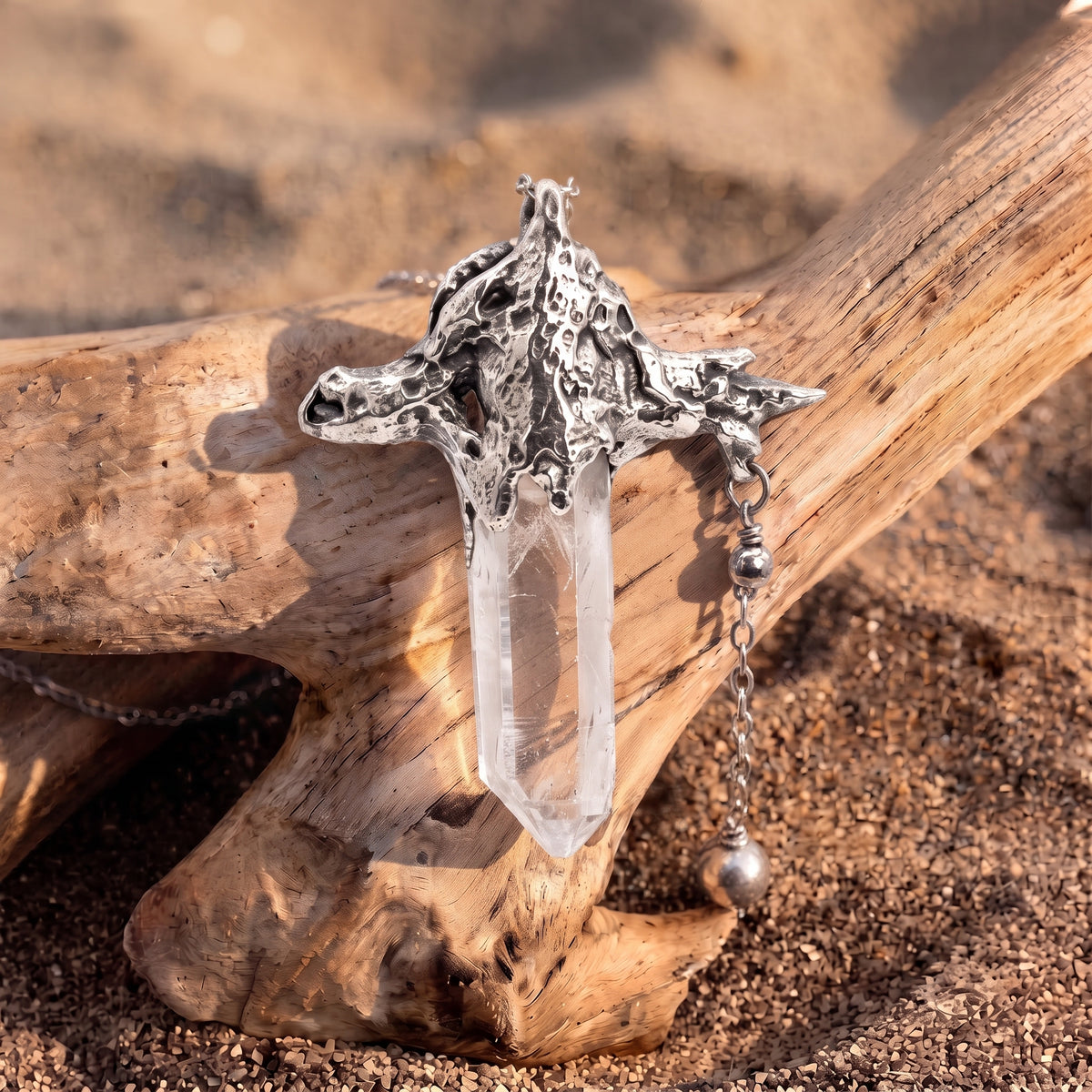 Clear Quartz Crystal Dragon Pendant | Antique Silver Copper Beaded Chain Gothic Necklace