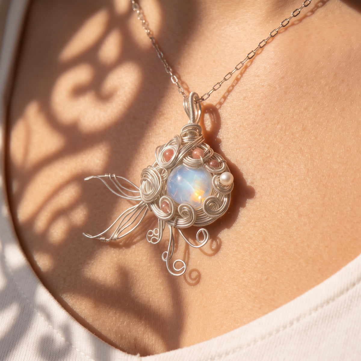 Opal Jellyfish Wire-Wrapped Pendant | Silver Copper Sunstone & Pearl Necklace