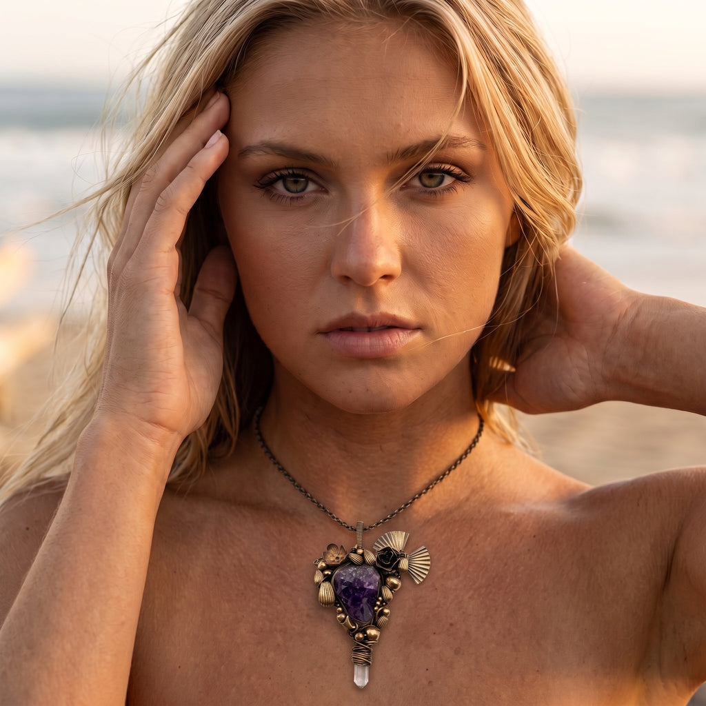 Raw Amethyst Crystal Brass Pendant | Wire-Wrapped Rose & Fan Bronze Necklace