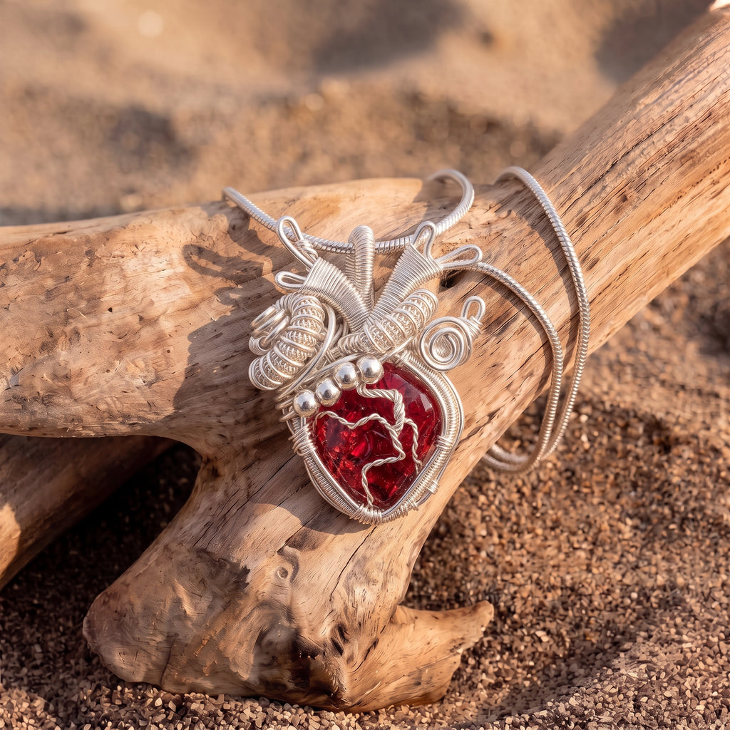 Anatomical Red Crystal Heart Pendant | Silver Copper Wire-Wrapped Gothic Necklace