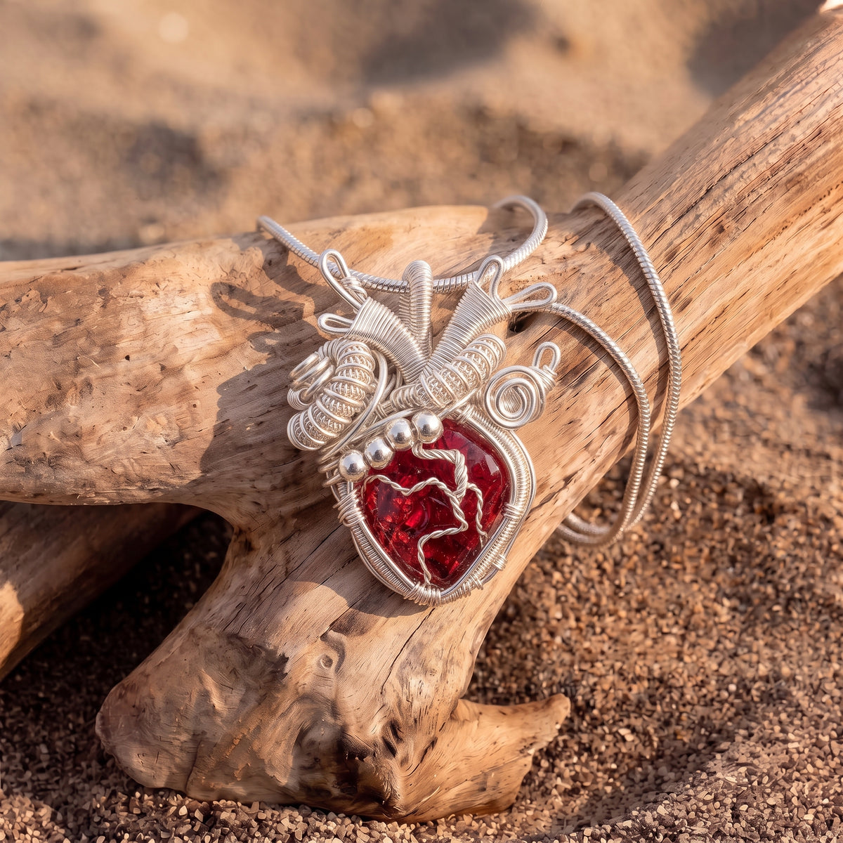 Anatomical Red Crystal Heart Pendant | Silver Copper Wire-Wrapped Gothic Necklace