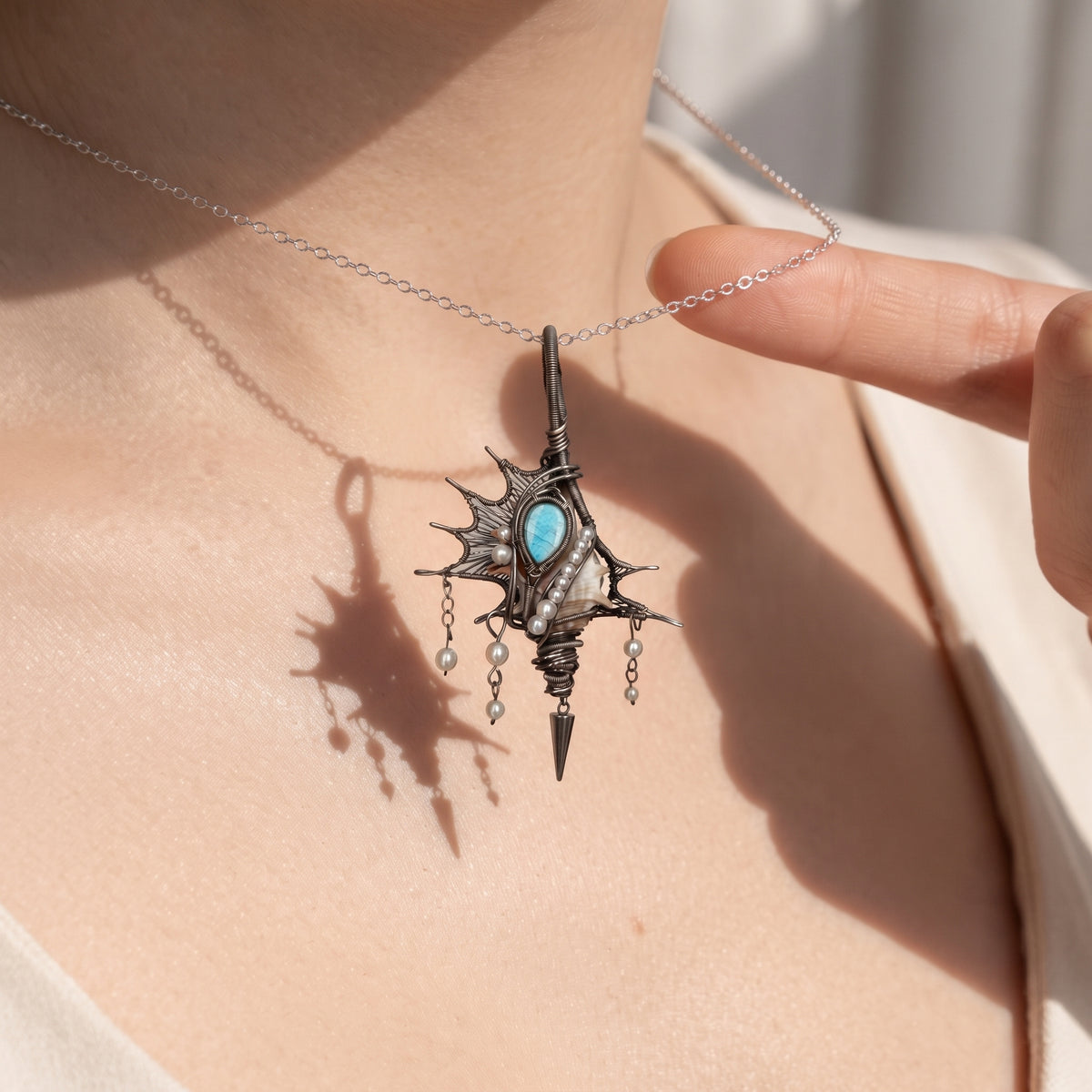 Larimar Shell Pendant | Antique Silver Copper Pearl & Spike Gothic Necklace