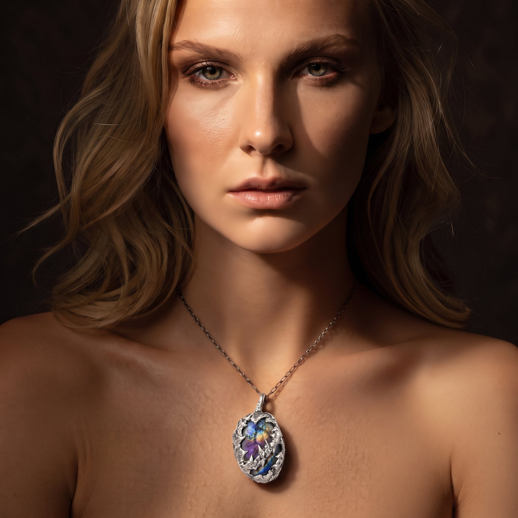 Labradorite Molten Caged Pendant | Antique Silver Copper Gothic Dragon Scale Necklace