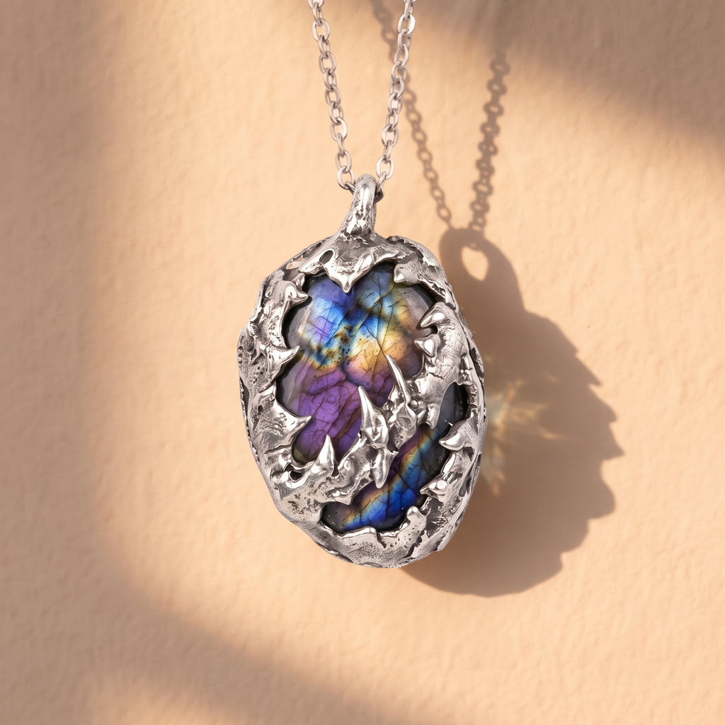 Labradorite Molten Caged Pendant | Antique Silver Copper Gothic Dragon Scale Necklace