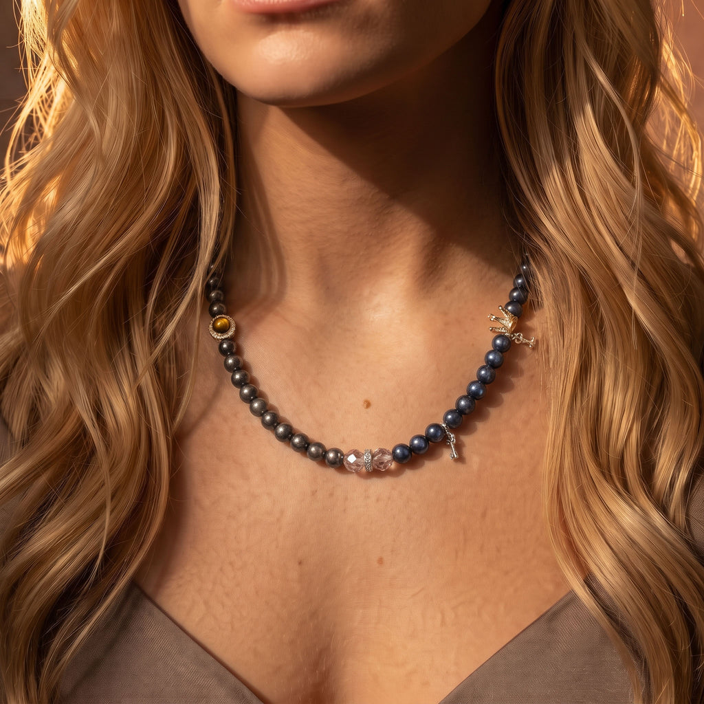 Natural Cosmic Silver Obsidian & Luminous Blue Tiger's Eye Double-Loop Fusion Collarchain: Versatile Necklace — Alpine Zone