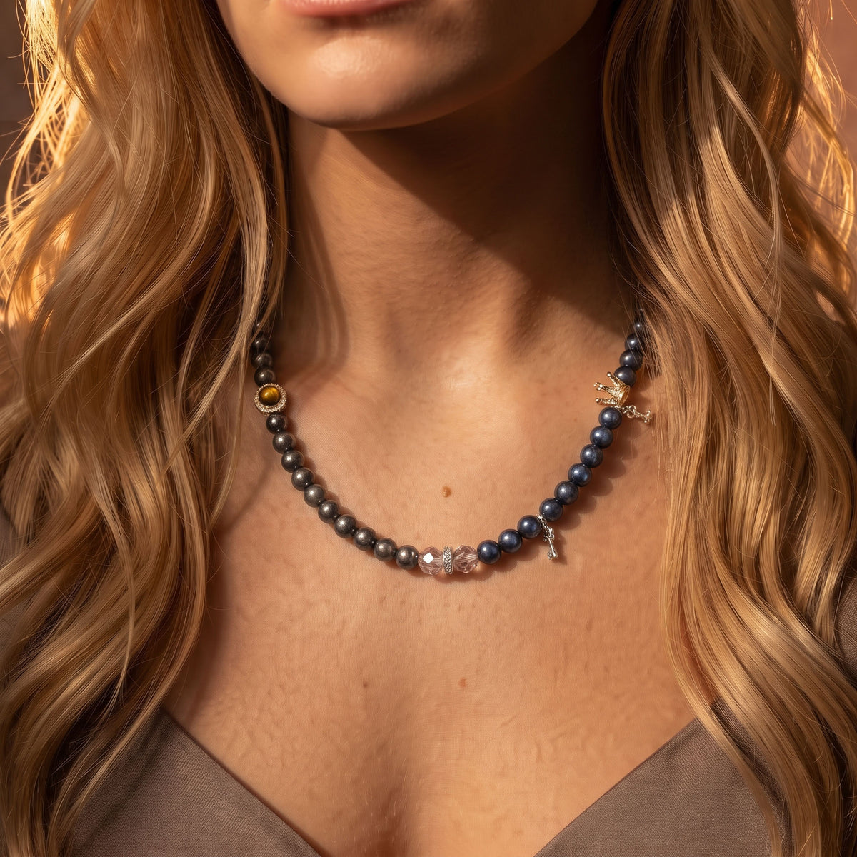 Natural Cosmic Silver Obsidian & Luminous Blue Tiger's Eye Double-Loop Fusion Collarchain: Versatile Necklace — Alpine Zone