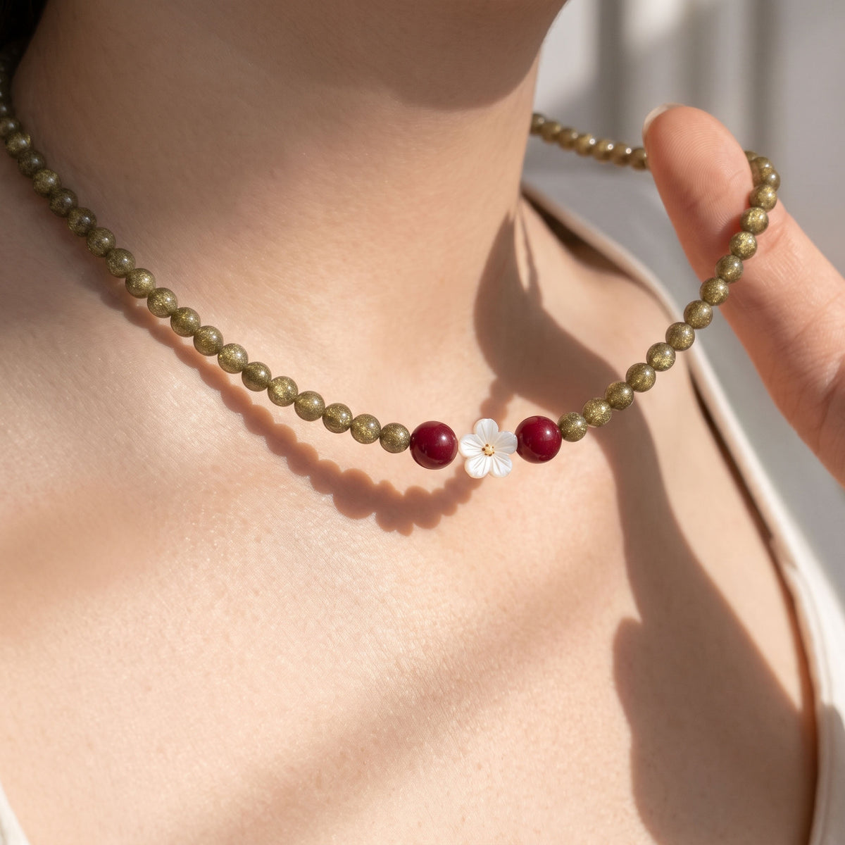 Artisanal Green Ebony & Red Stone Collarchain with Mother-of-Pearl Flower: Double-Loop Versatile Wooden Necklace — Himalayan Ridge