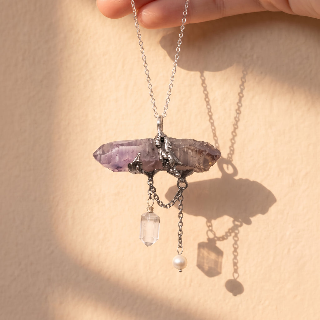 Super Seven Amethyst Wand Pendant | Antique Silver Copper Draped Quartz & Pearl Gothic Necklace