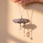 Super Seven Amethyst Wand Pendant | Antique Silver Copper Draped Quartz & Pearl Gothic Necklace