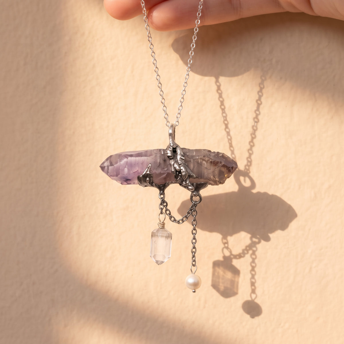 Super Seven Amethyst Wand Pendant | Antique Silver Copper Draped Quartz & Pearl Gothic Necklace