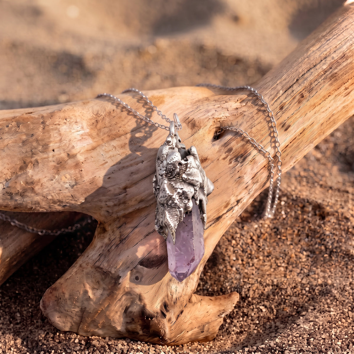 Super Seven Crystal Stalactite Pendant | Antique Silver Copper Molten Cap Necklace